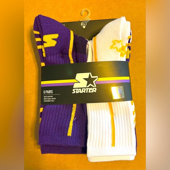 Starter Basketball Men Crew Socks 6 Pairs -Purple/Gold/White-Shoe Size 6-12 -NEW - Picture 1 of 5
